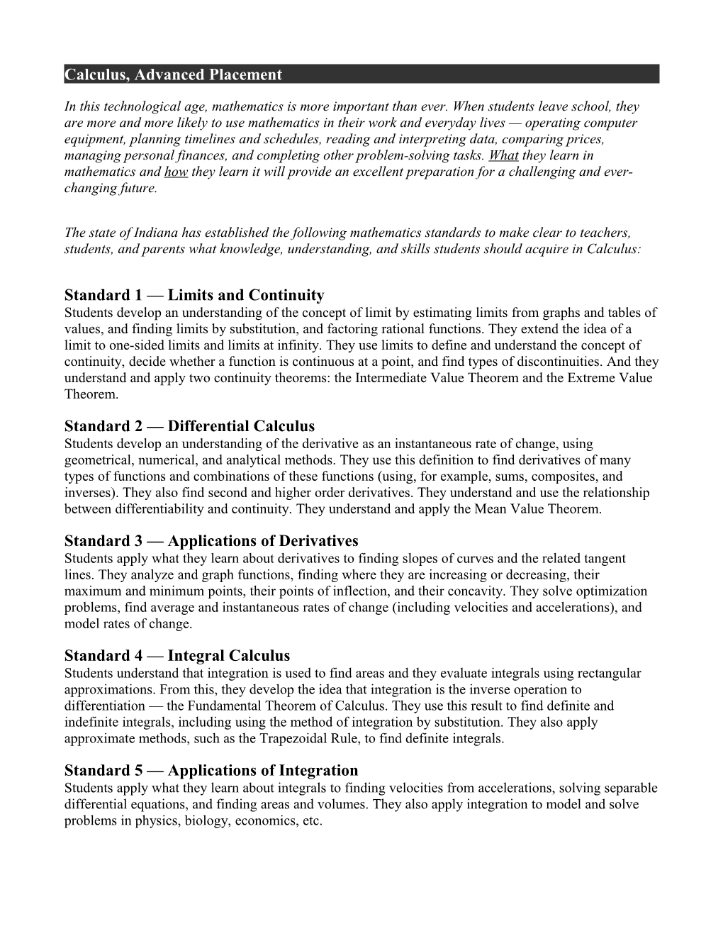 Academic Standards-Mathematics Calculus, Adv. Placement