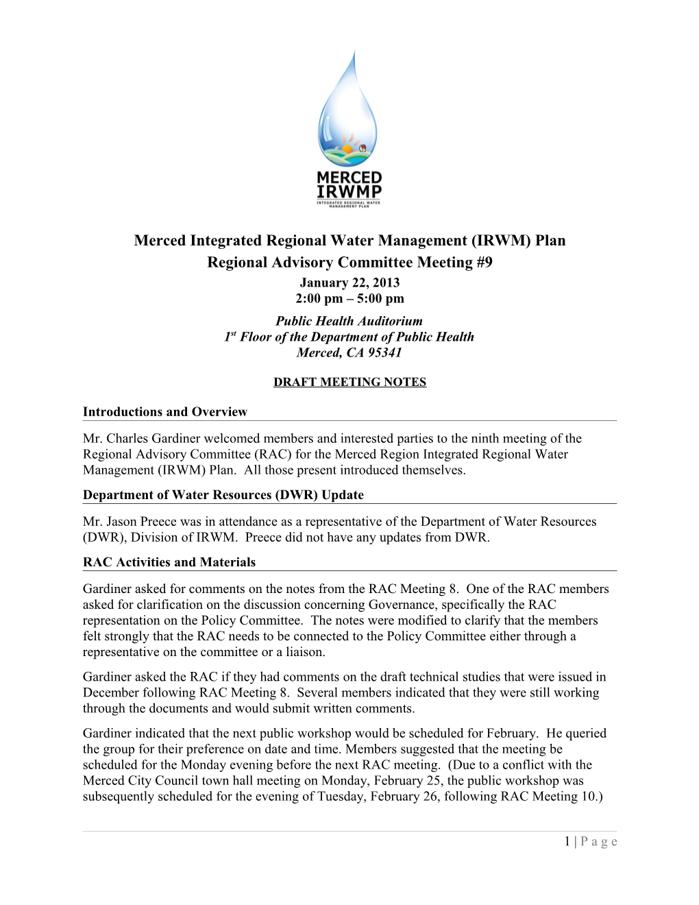 Merced Integrated Regional Water Management (IRWM) Plan