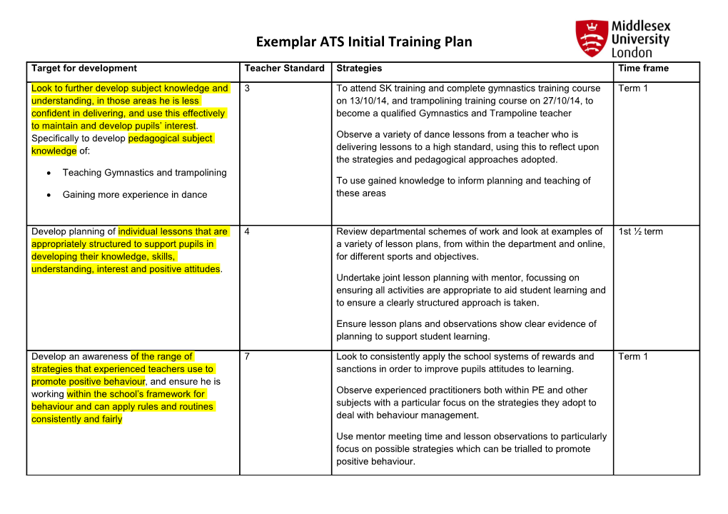 Exemplar ATS Initial Training Plan