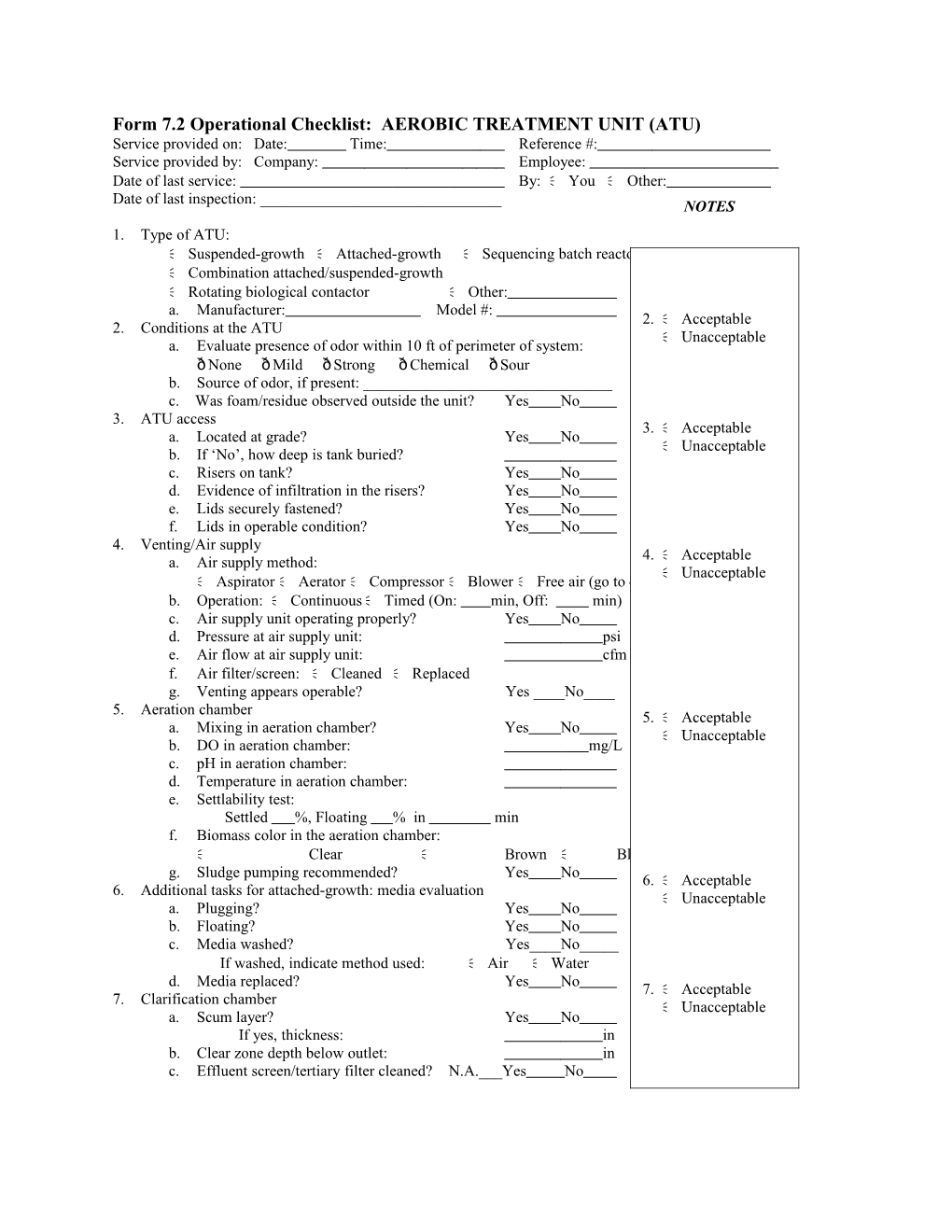 Form 7.2 Operational Checklist: AEROBIC TREATMENT UNIT (ATU)