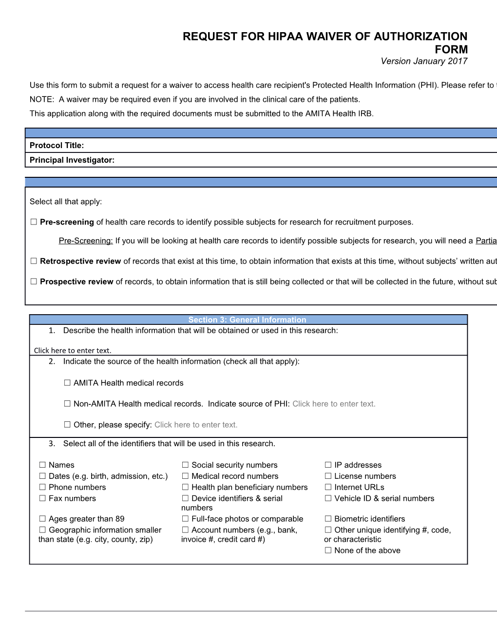 Request for Hipaa Waiver of Authorization Form