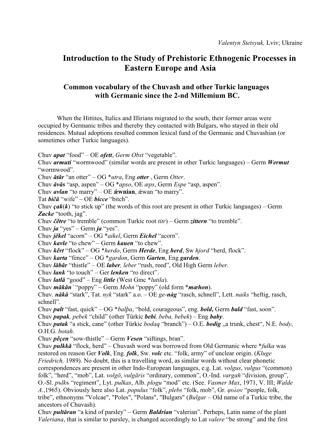 Common Vocabulary of the Chuvash and Other Turkic Languages with Germanic Since the 2-Nd