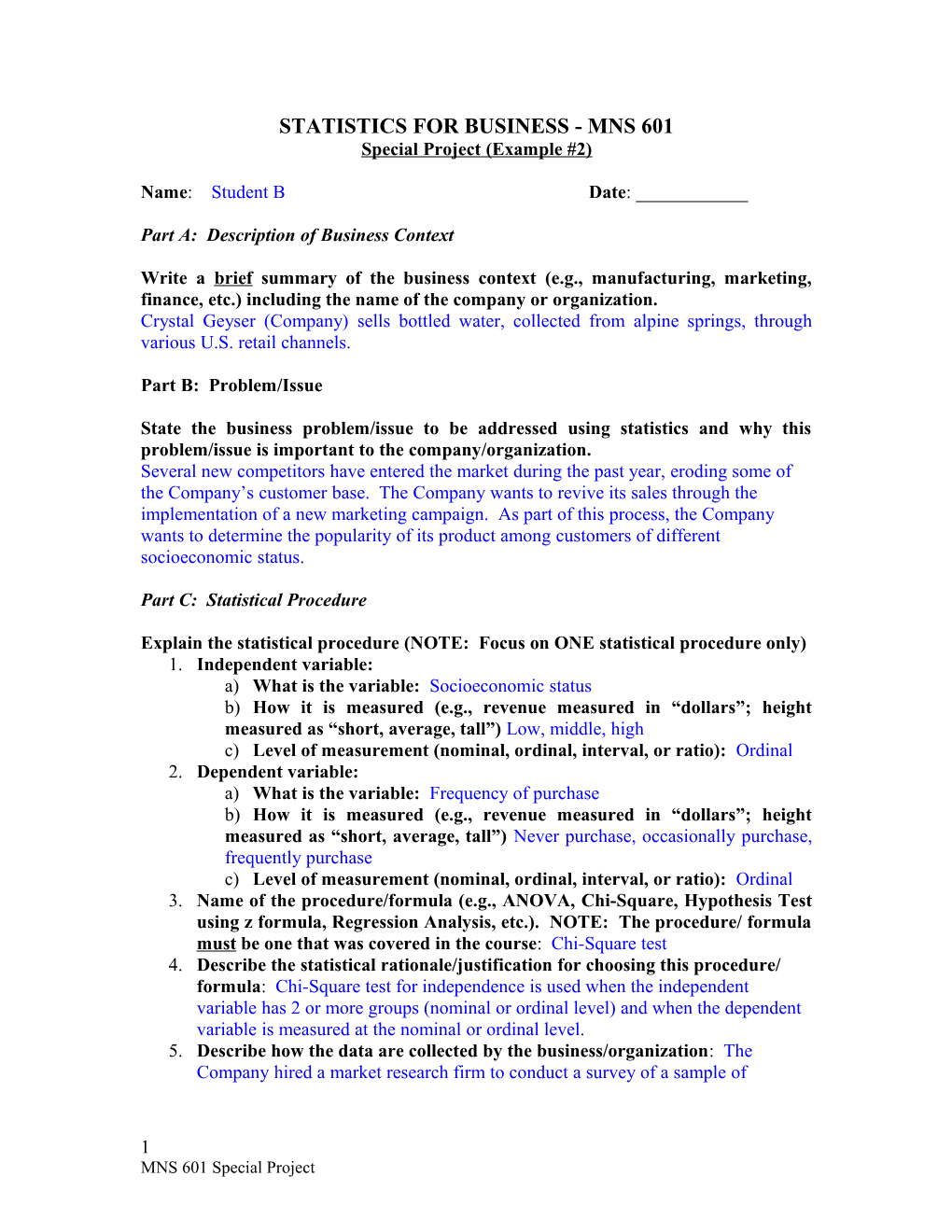 Statistics for Business - MNS 601