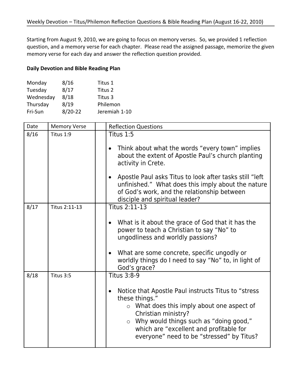 Daily Devotion and Bible Reading Plan