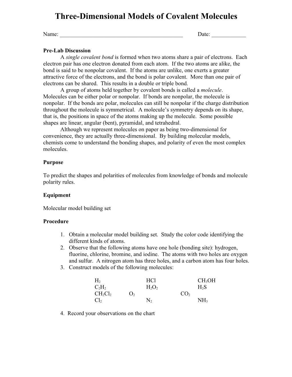 Three-Dimensional Models of Covalent Molecules