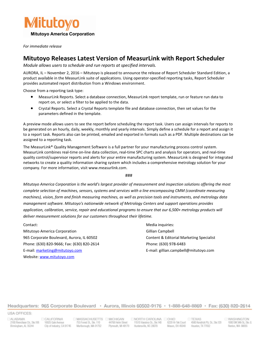 Mitutoyo Releases Latest Version of Measurlink with Report Scheduler