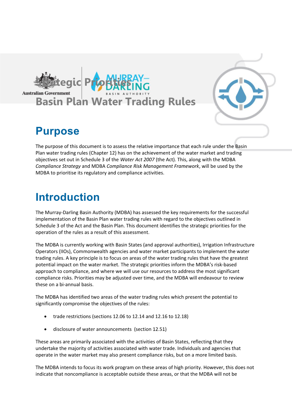 Strategic Priorities- Water Trading Rules