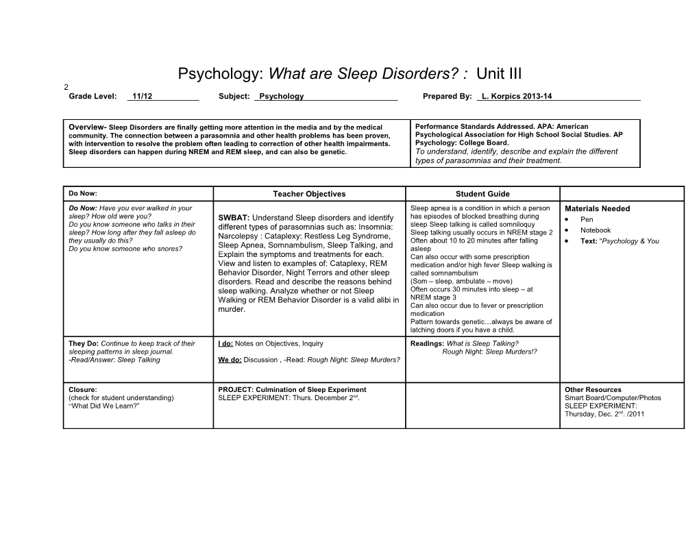 Psychology: What Are Sleep Disorders? : Unit III