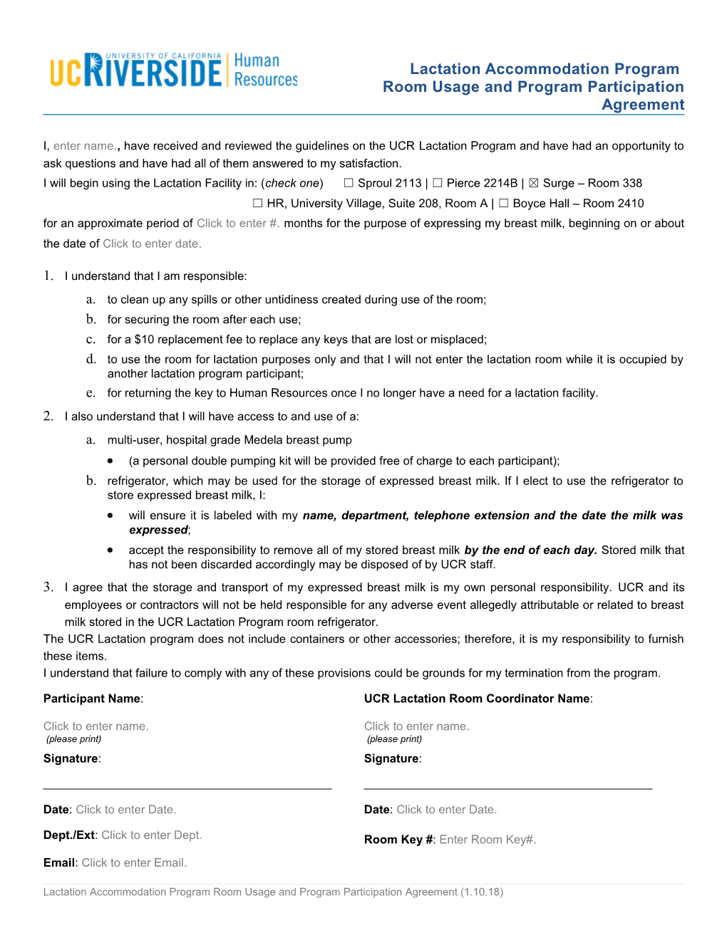 Lactation Accommodation Program Room Usage and Program Participation Agreement