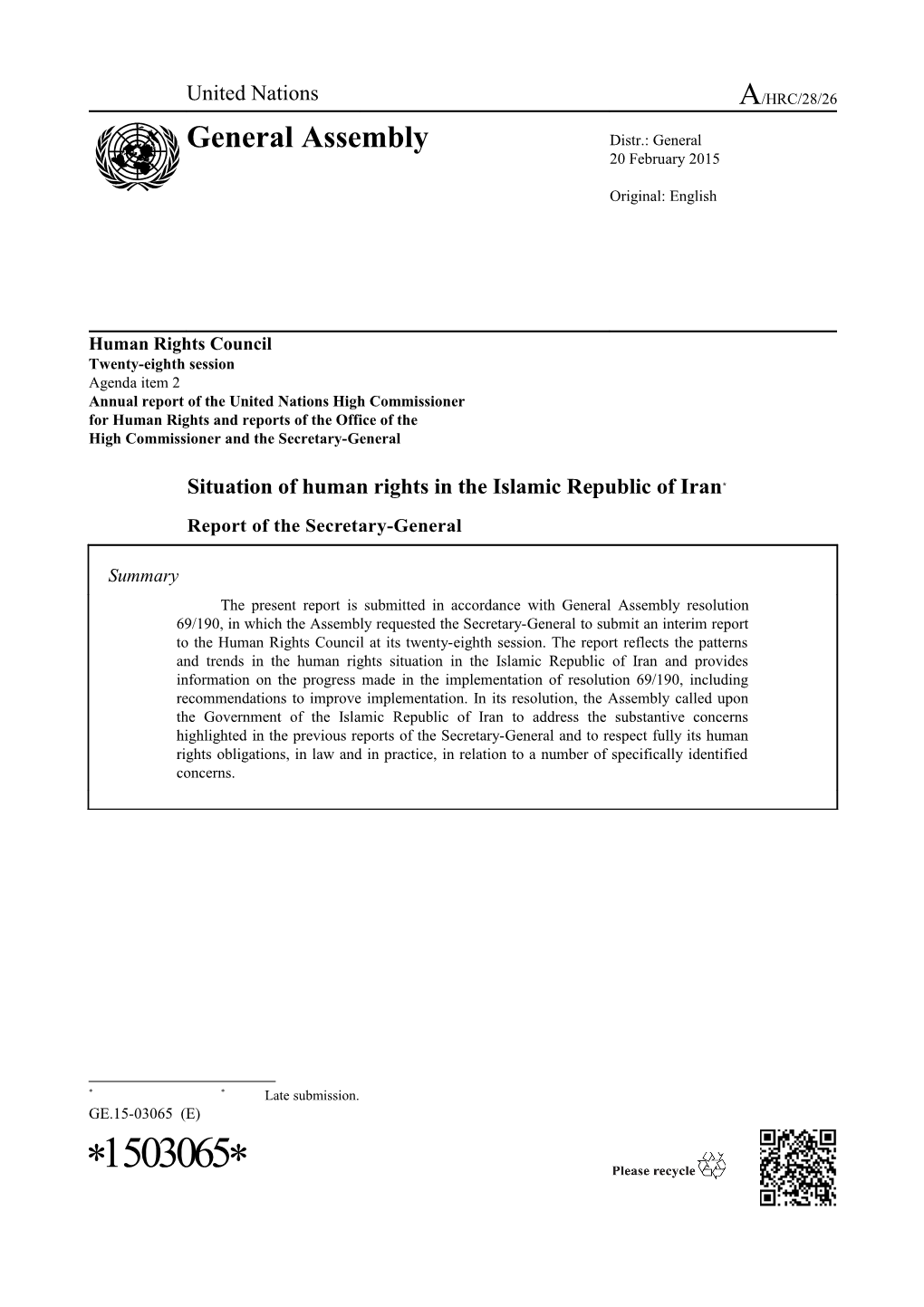 Report of the Secretary-General on the Situation of Human Rights in the Islamic Republic