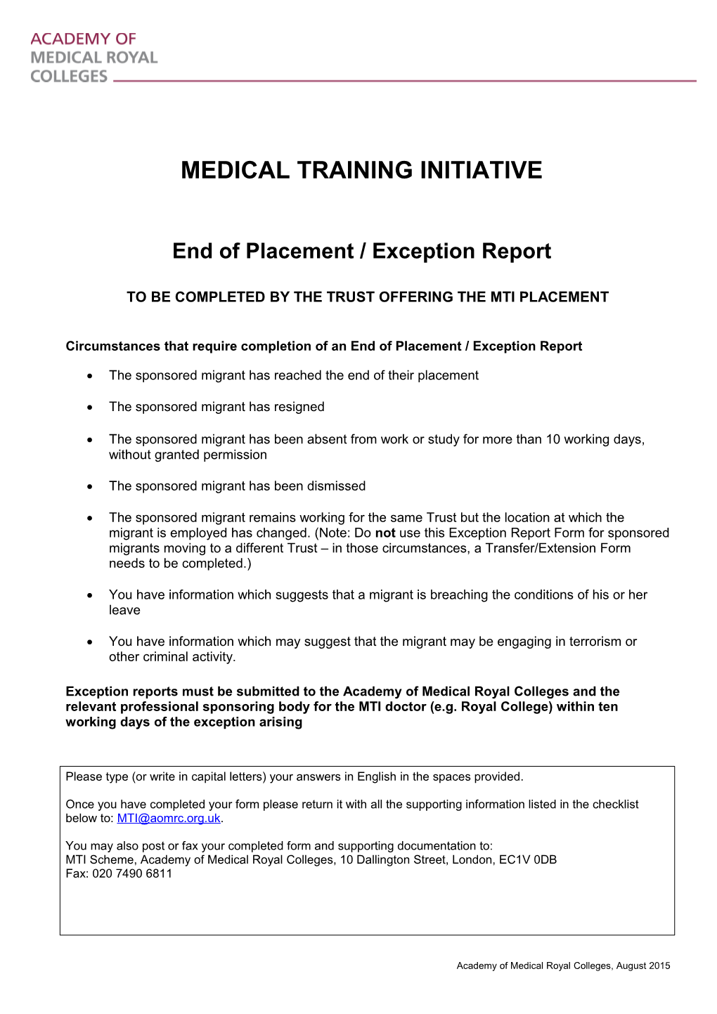 To Be Completed by the Trust Offering the Mti Placement