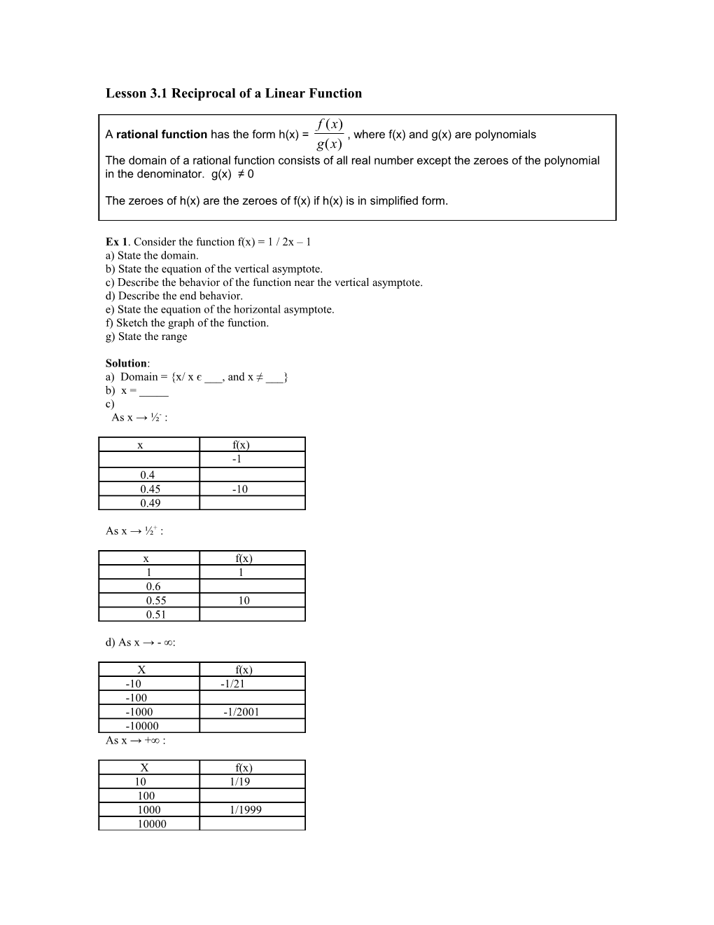 Lesson 3.1 Reciprocal of a Linear Function