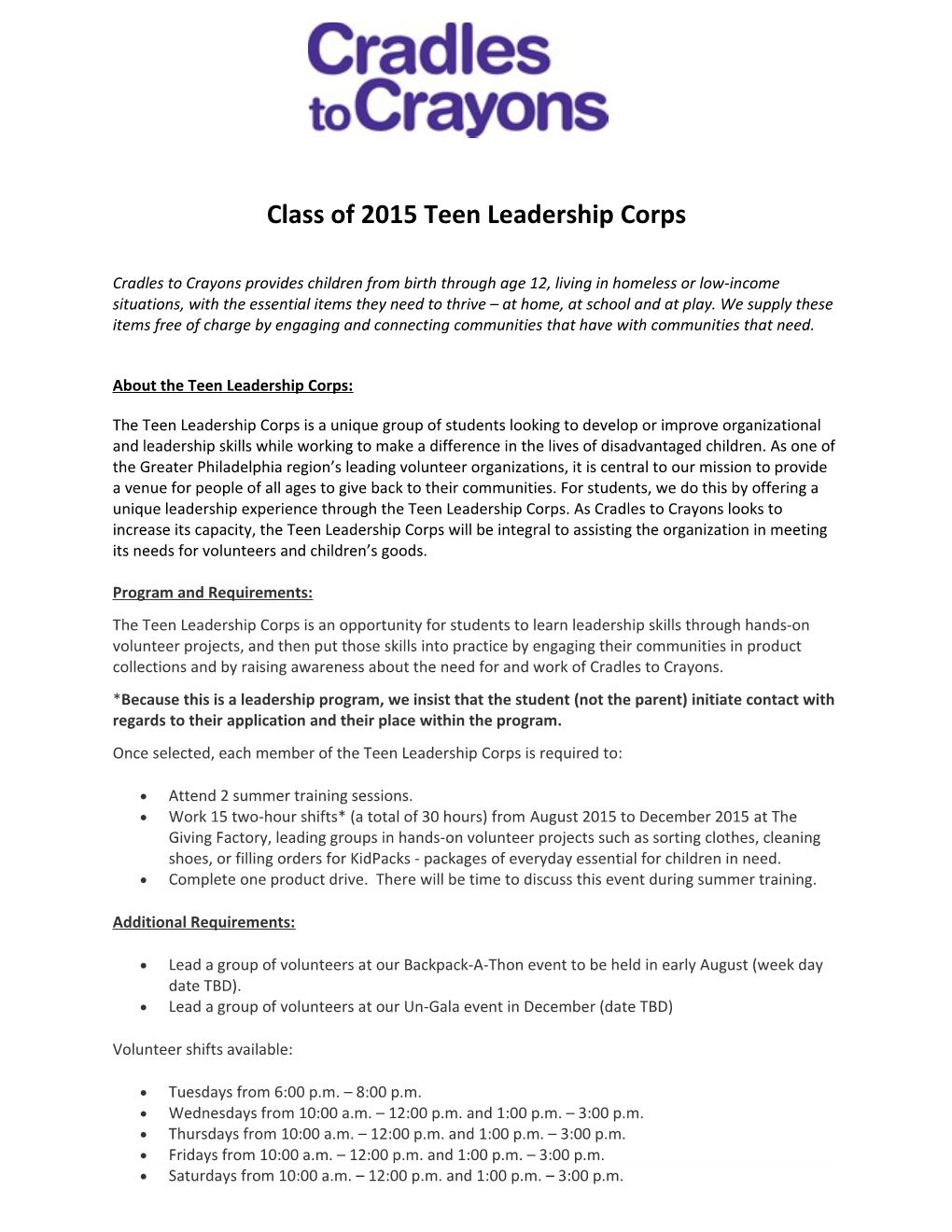 Class of 2015 Teen Leadership Corps