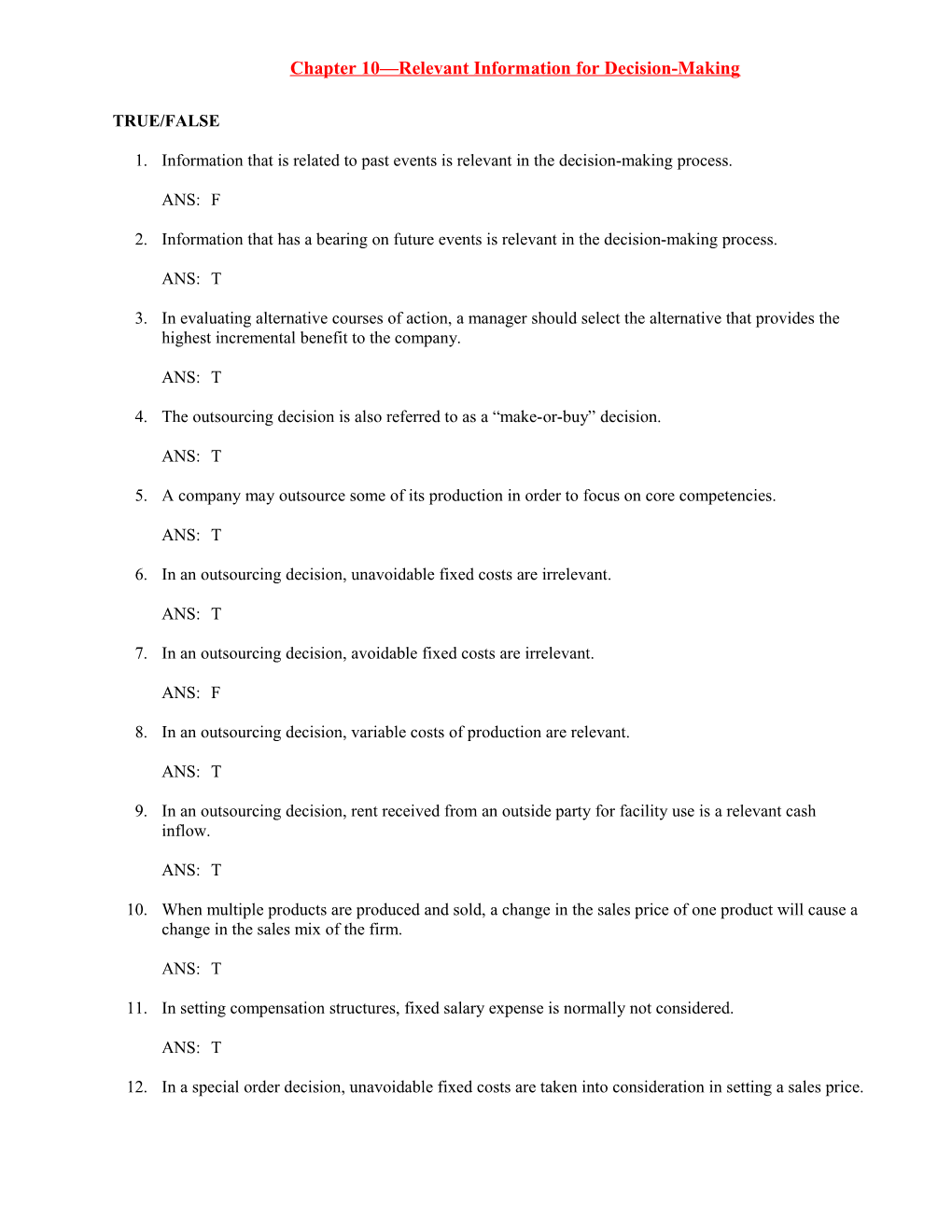 Chapter 10 Relevant Information for Decision-Making