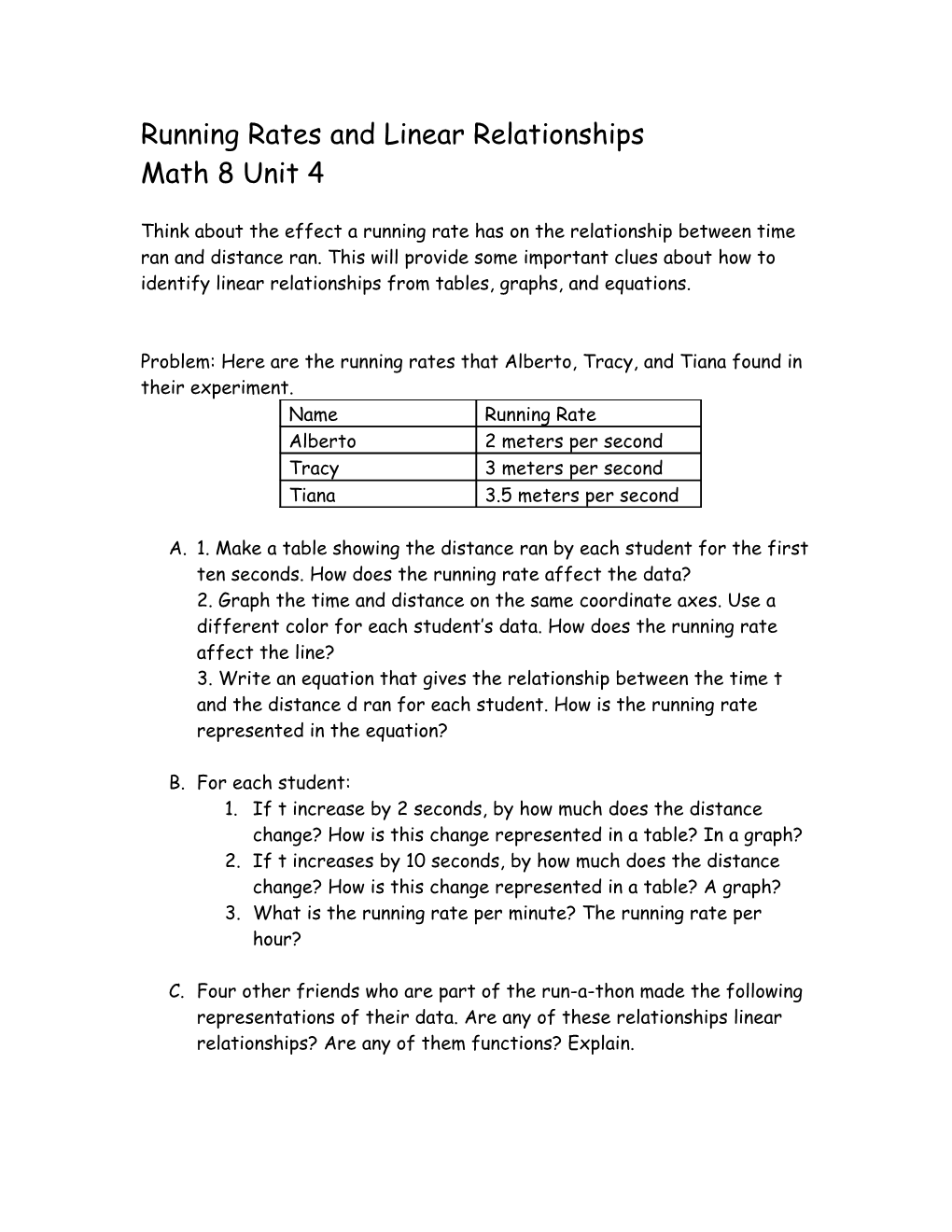 Running Rates and Linear Relationships