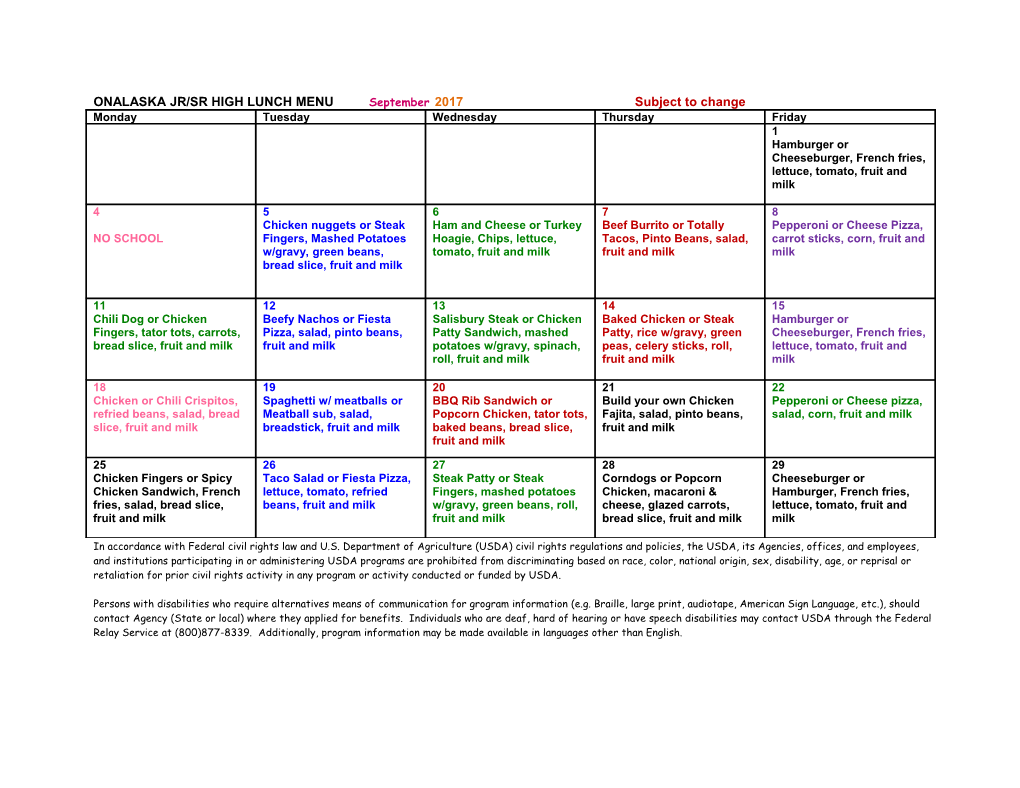 ONALASKA JR/SR HIGH LUNCH MENU September 2017 Subject to Change
