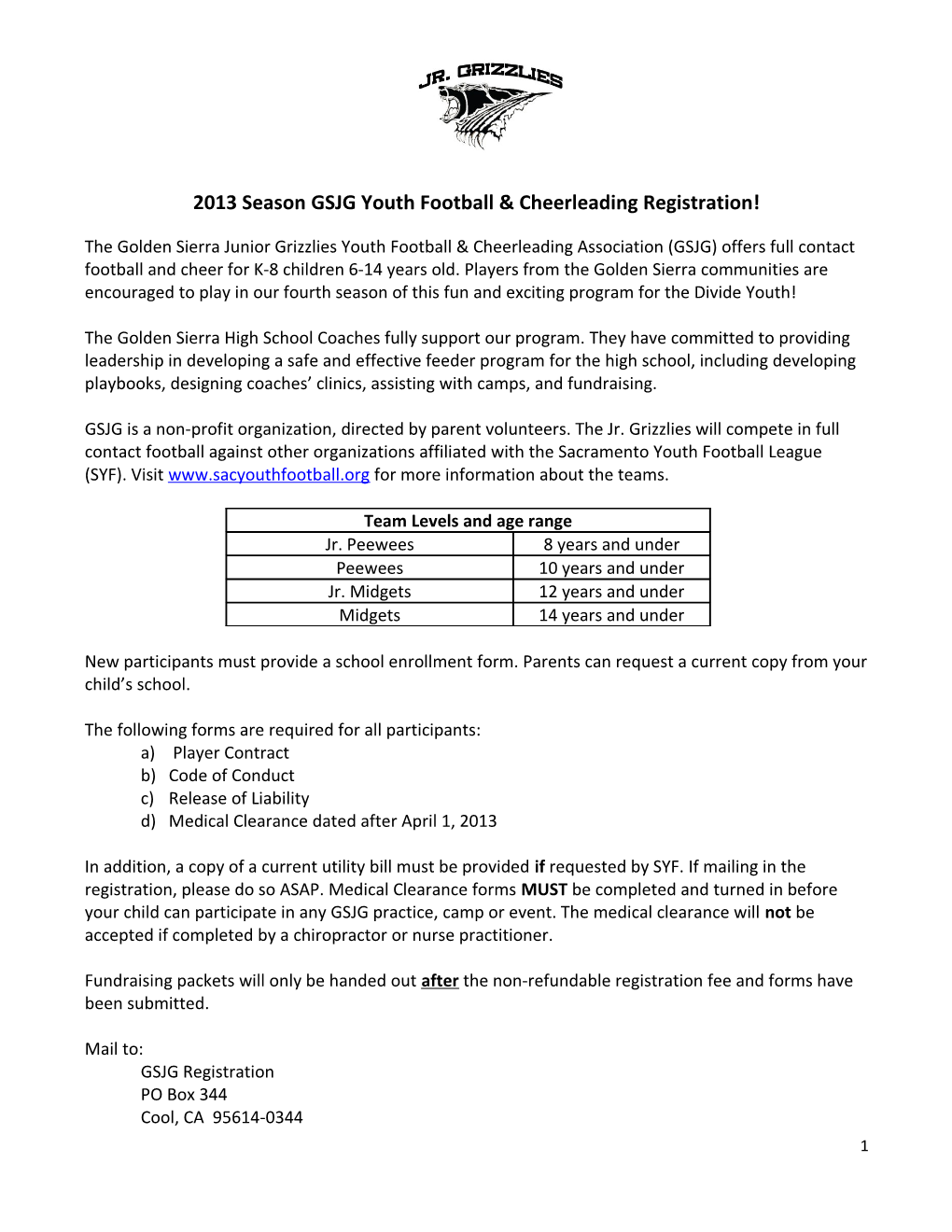 2013 Season GSJG Youth Football & Cheerleading Registration!