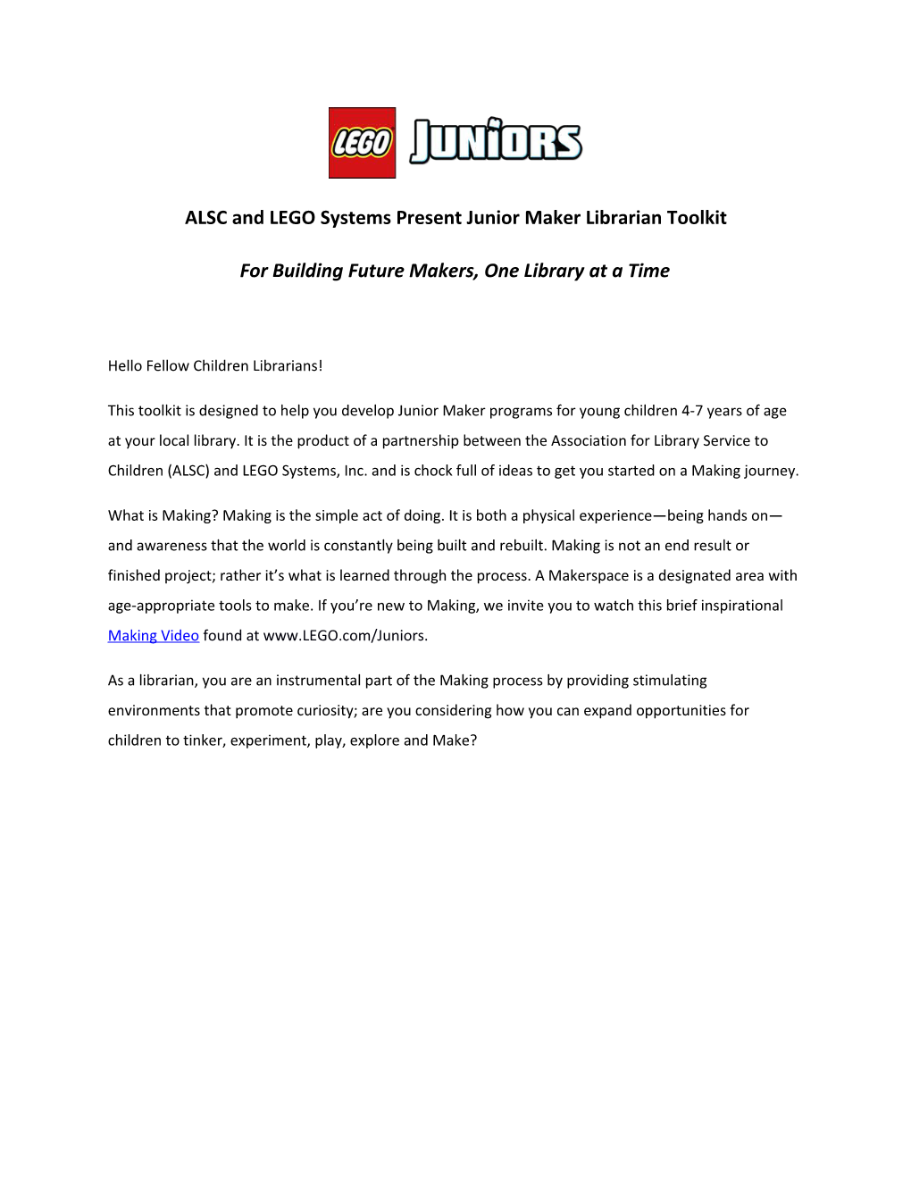 Alscand LEGO Systems Present Junior Maker Librarian Toolkit