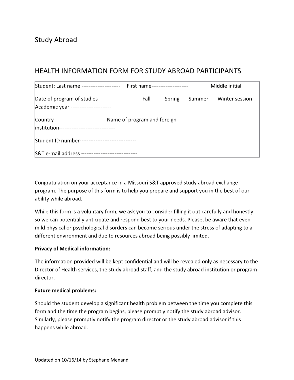 Health Information Form for Study Abroad Participants