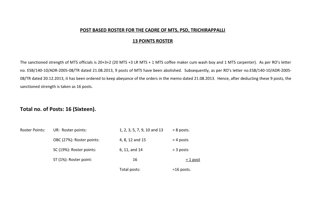 Post Based Roster for the Cadre of Mts, Psd, Trichirappalli