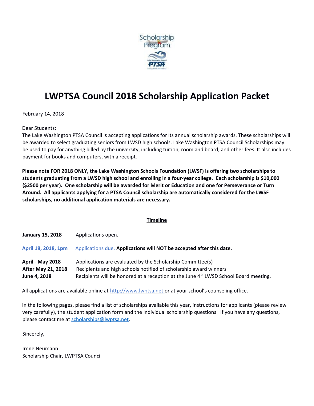 LWPTSA Council 2018Scholarship Applicationpacket