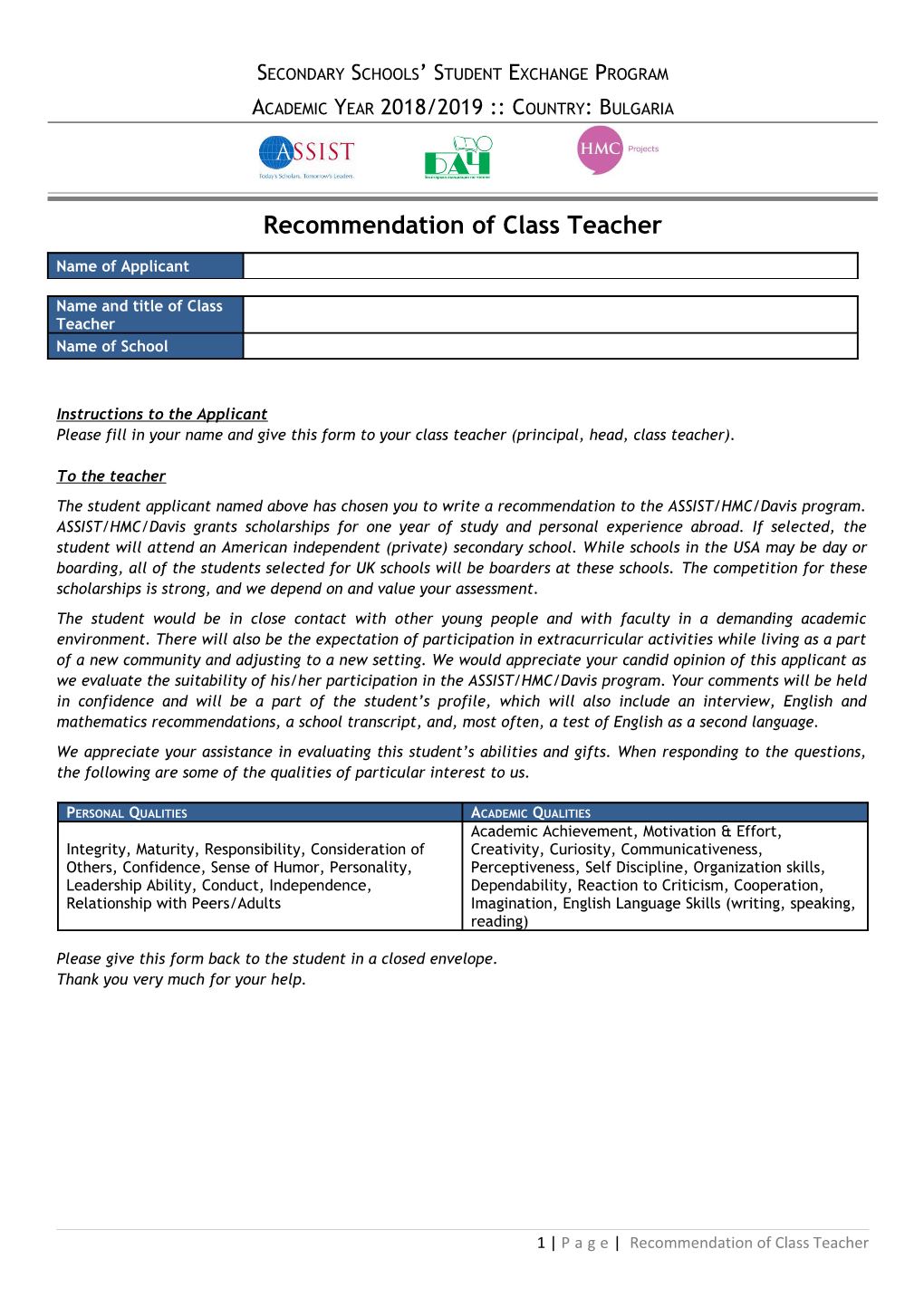 Recommendation of Class Teacher
