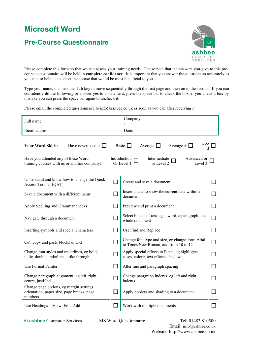 Microsoft Word 2003 Pre-Course Questionnaire