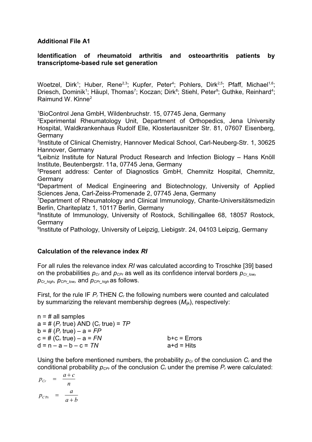 Identification of Rheumatoid Arthritis and Osteoarthritis Patients by Transcriptome-Based