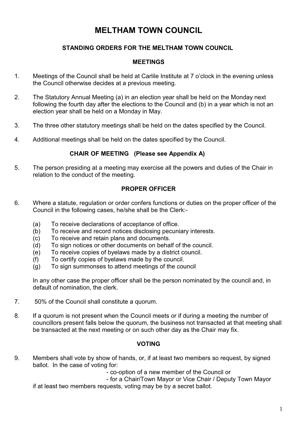 Standing Orders for the Meltham Town Council