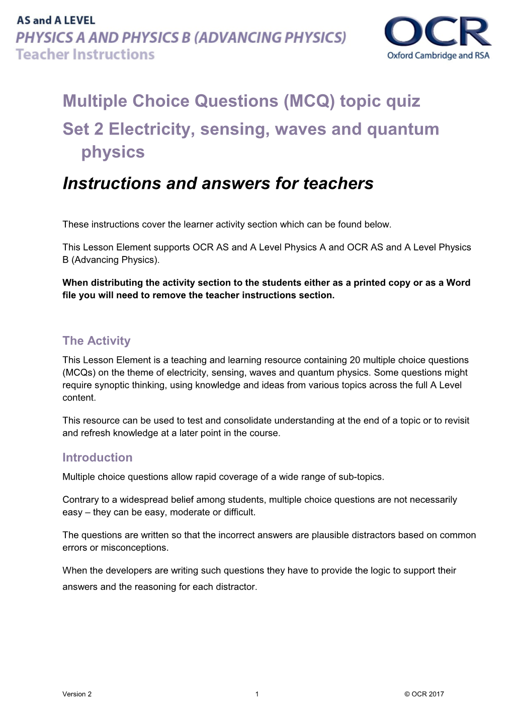 OCR a Level Physics a Lesson Element Set 2 Electricity, Sensing, Waves and Quantum Physics
