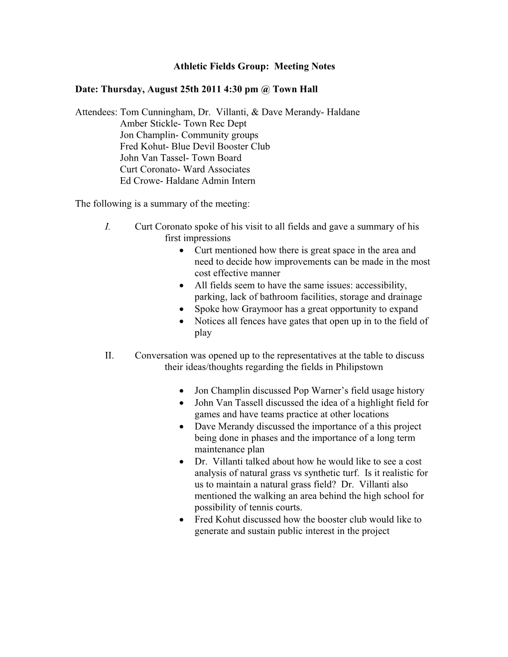 Athletic Fields Group: Meeting Notes