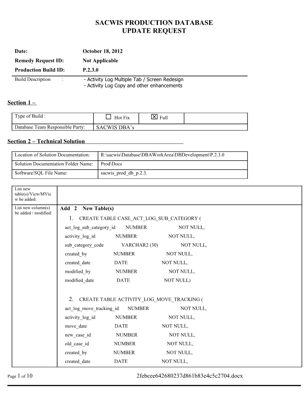 Sacwis Database Update Request