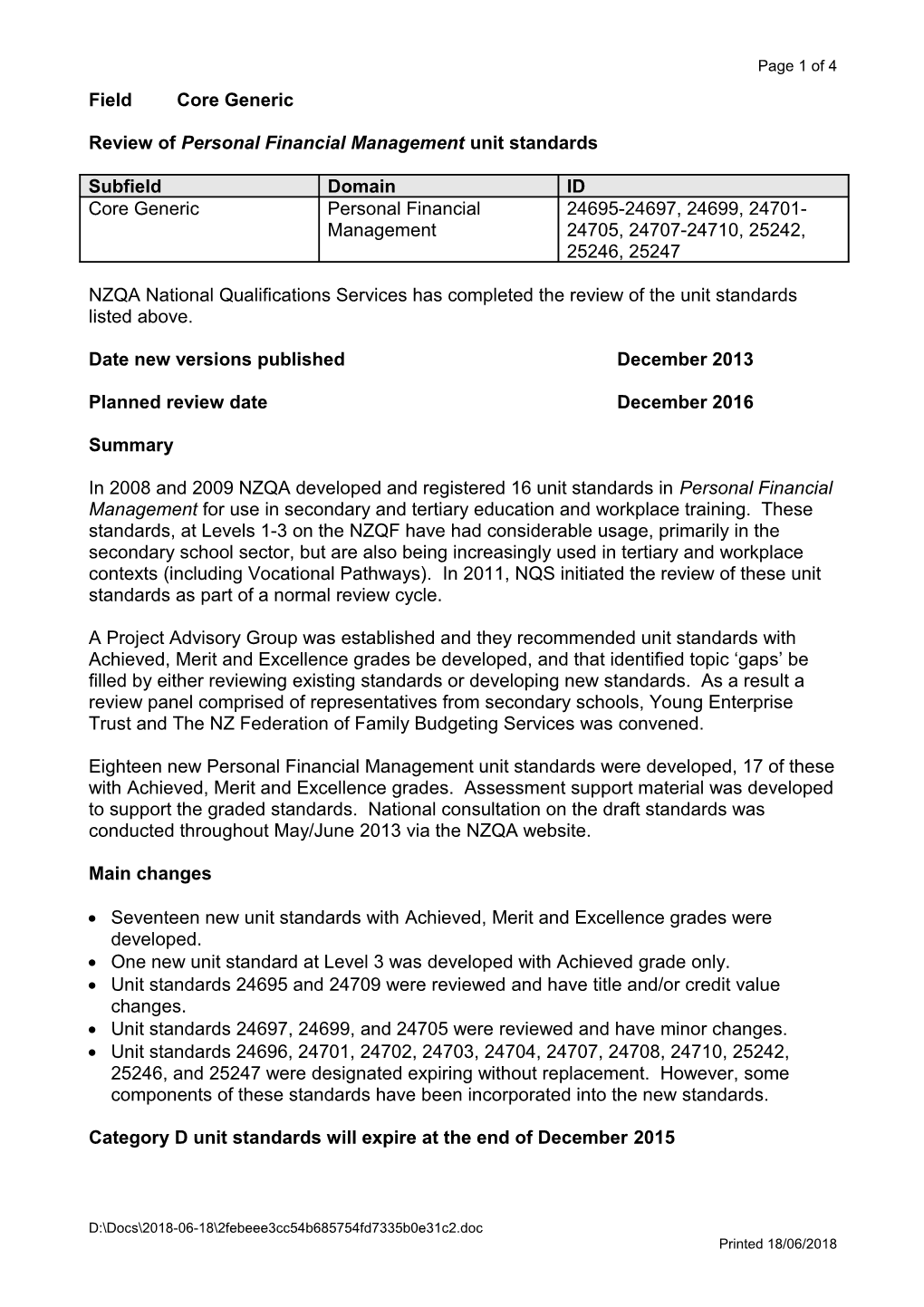 Review of Personal Financial Management Unit Standards