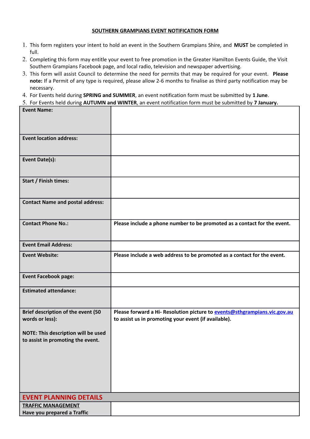 Southern Grampians Events Calendar Registration Form