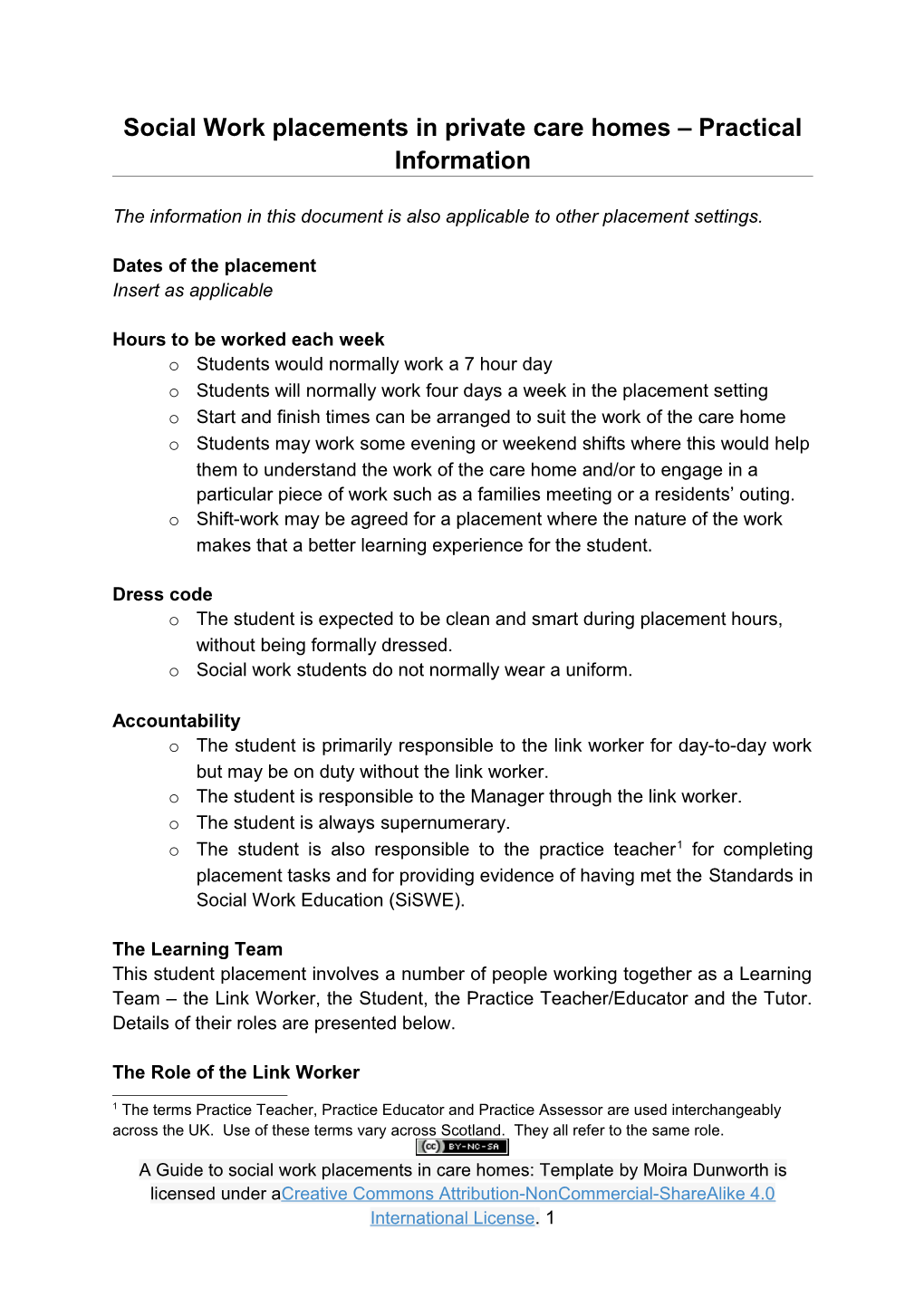 Social Work Placements in Private Care Homes Practical Information