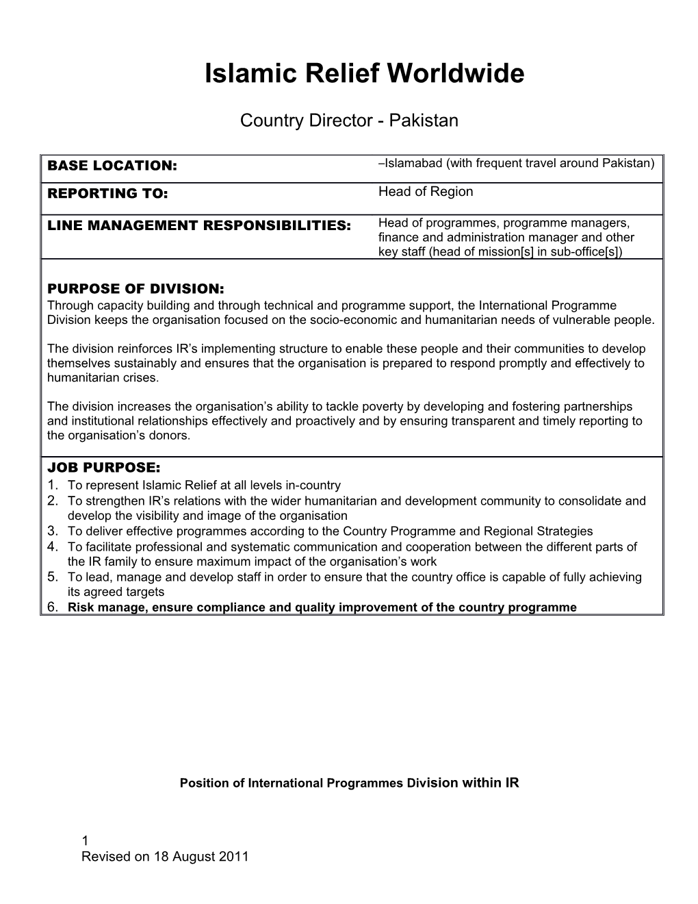 Position of International Programmes Division Within IR