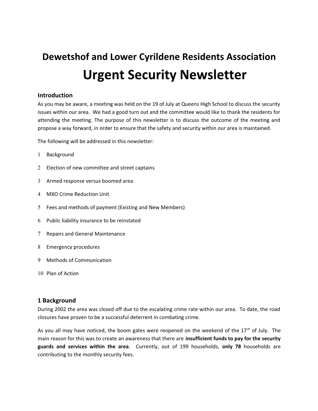 Dewetshof and Lower Cyrildene Residents Association Newsletter