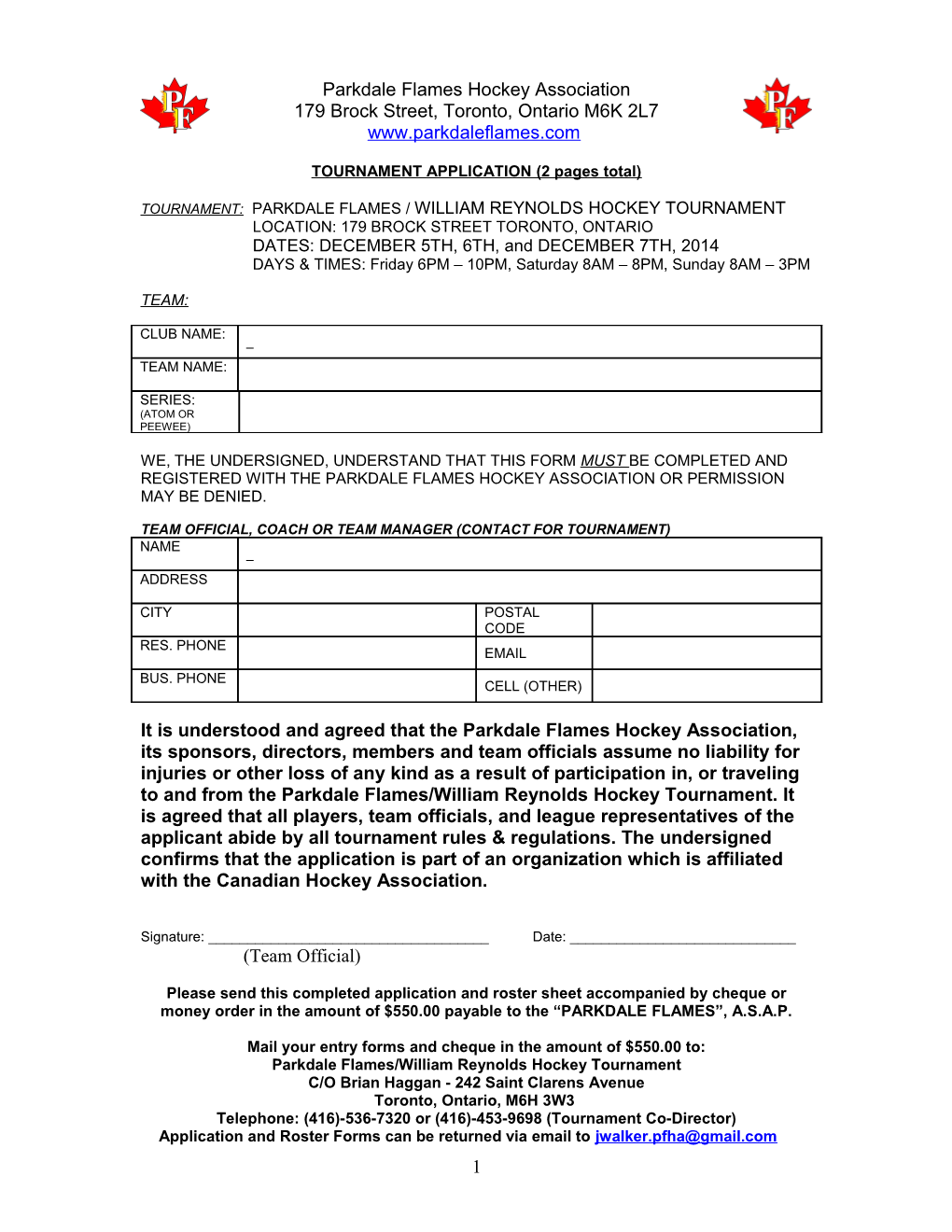 TOURNAMENT APPLICATION (2 Pages Total)