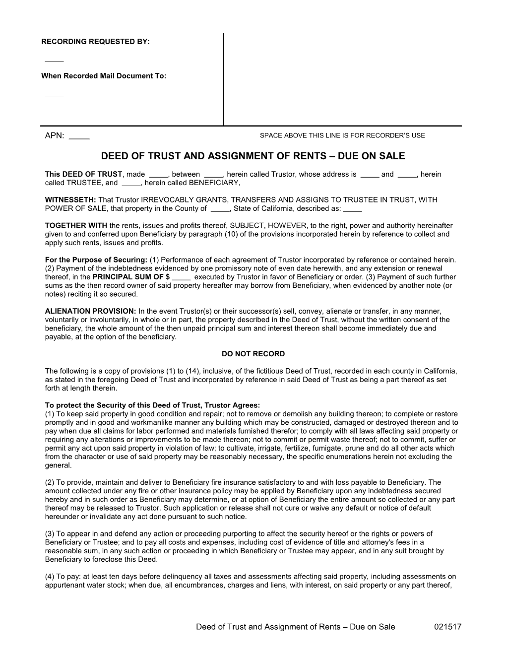 Deed of Trust and Assignment of Rents Due on Sale