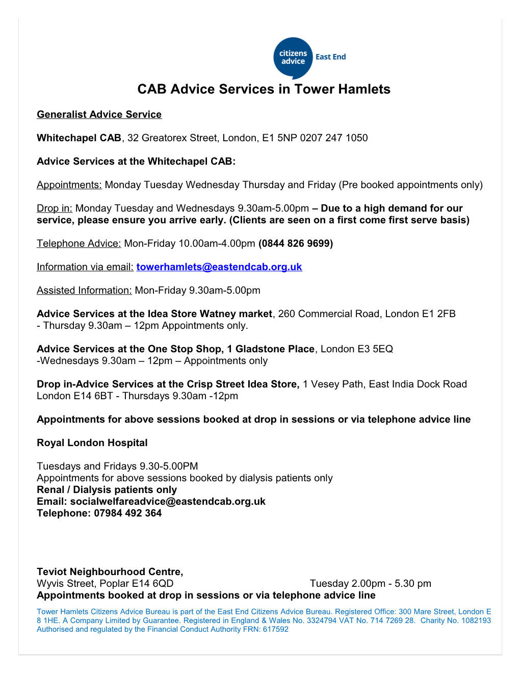 CAB Advice Services in Tower Hamlets