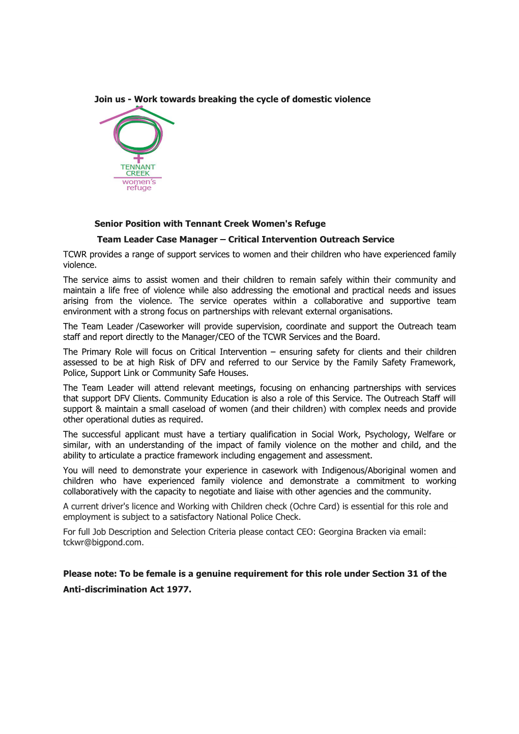 Senior Position with Tennant Creek Women's Refuge