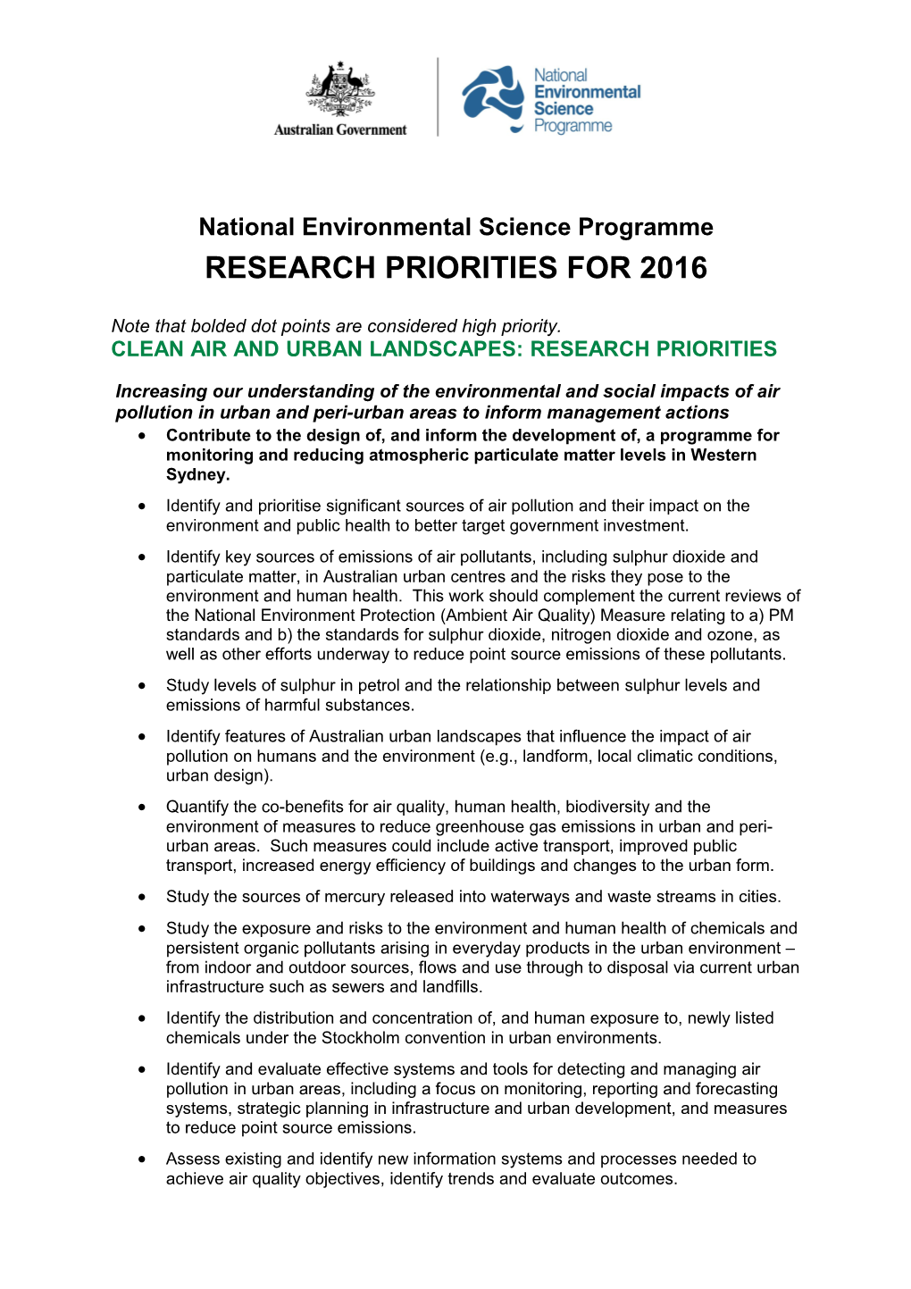 NESP Research Priorities 2016