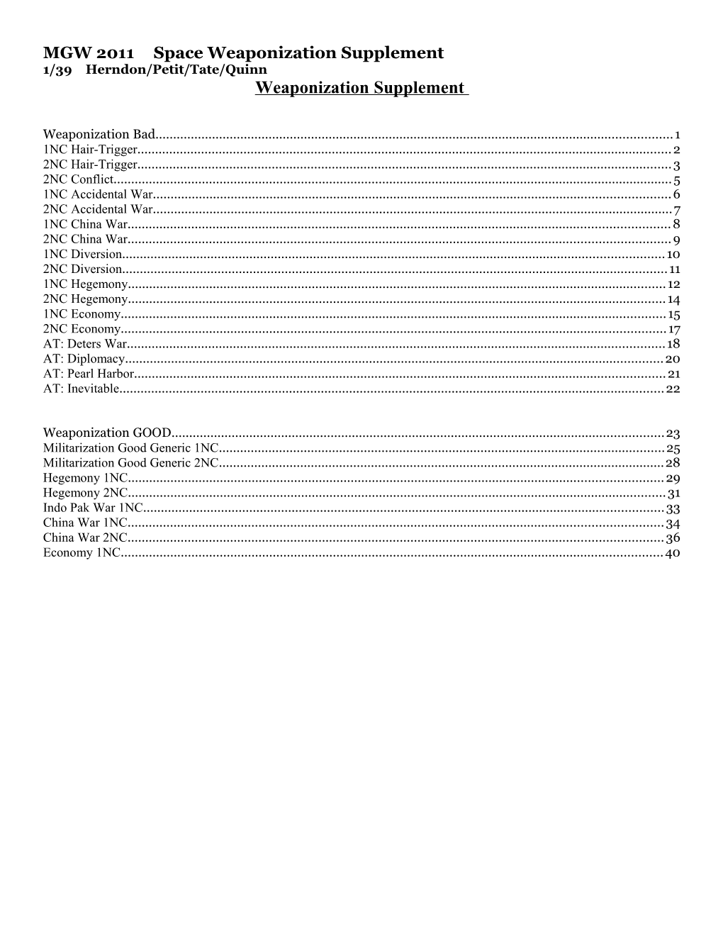 MGW 2011 Space Weaponization Supplement