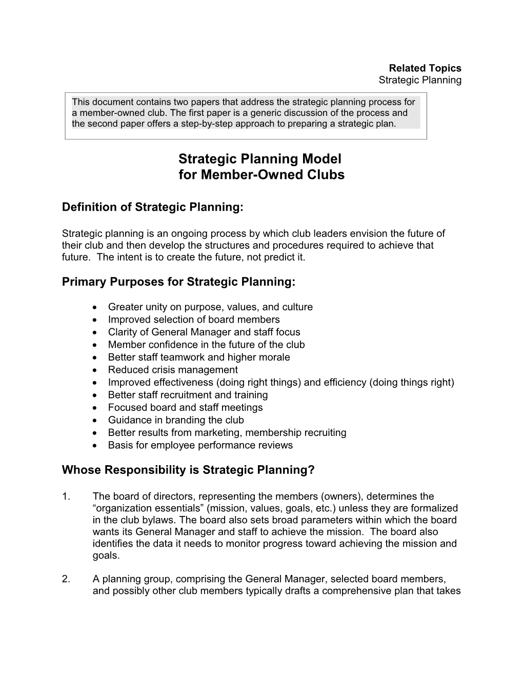 Overview of the Strategic Planning Model