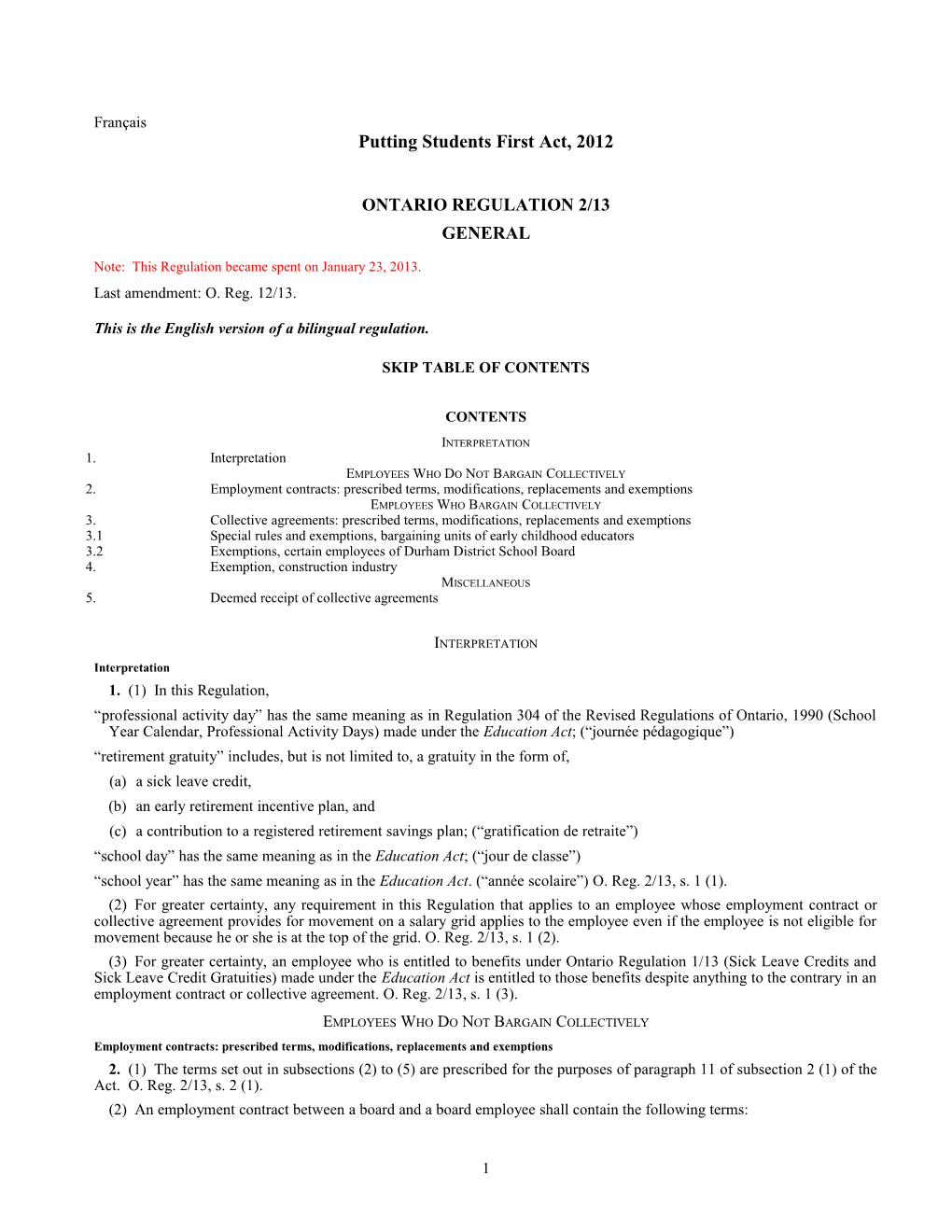 Putting Students First Act, 2012 - O. Reg. 2/13