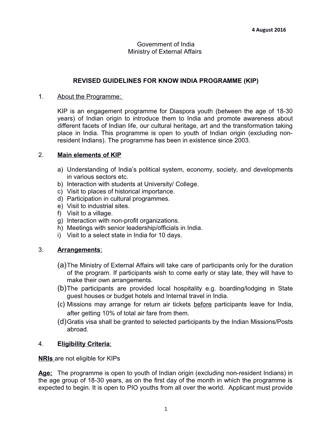Revised Guidelines for Know India Programme (Kip)