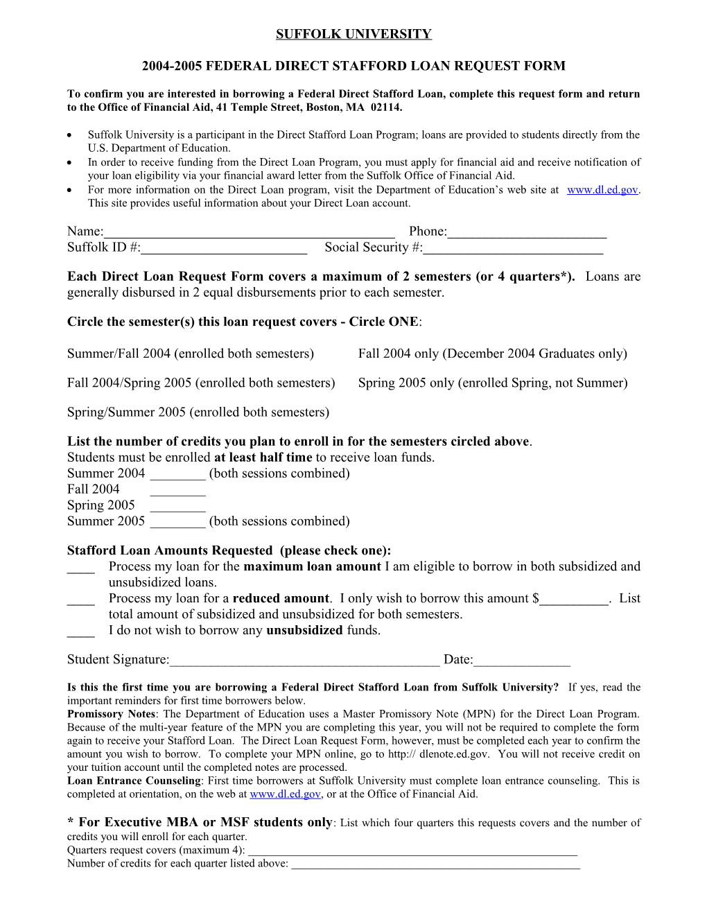 2004-2005 Federal Direct Stafford Loan Request Form