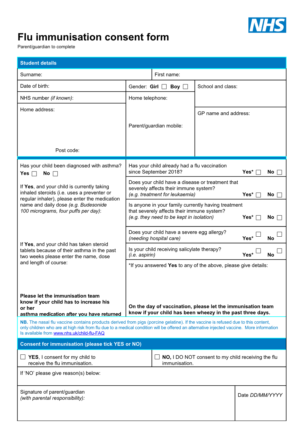 Flu Immunisation Consent Form