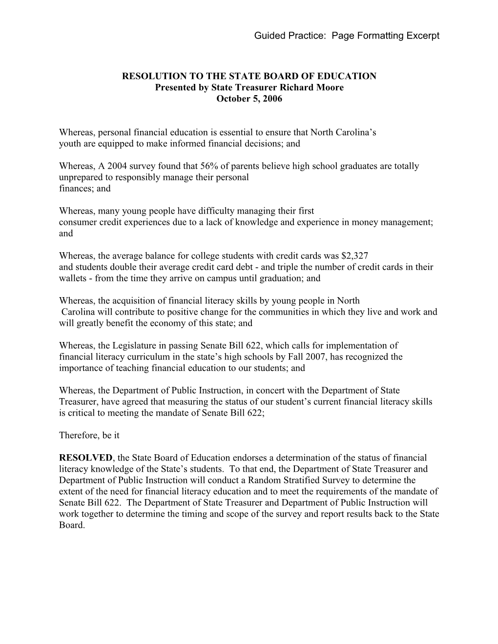 Resolution to the State Board of Education
