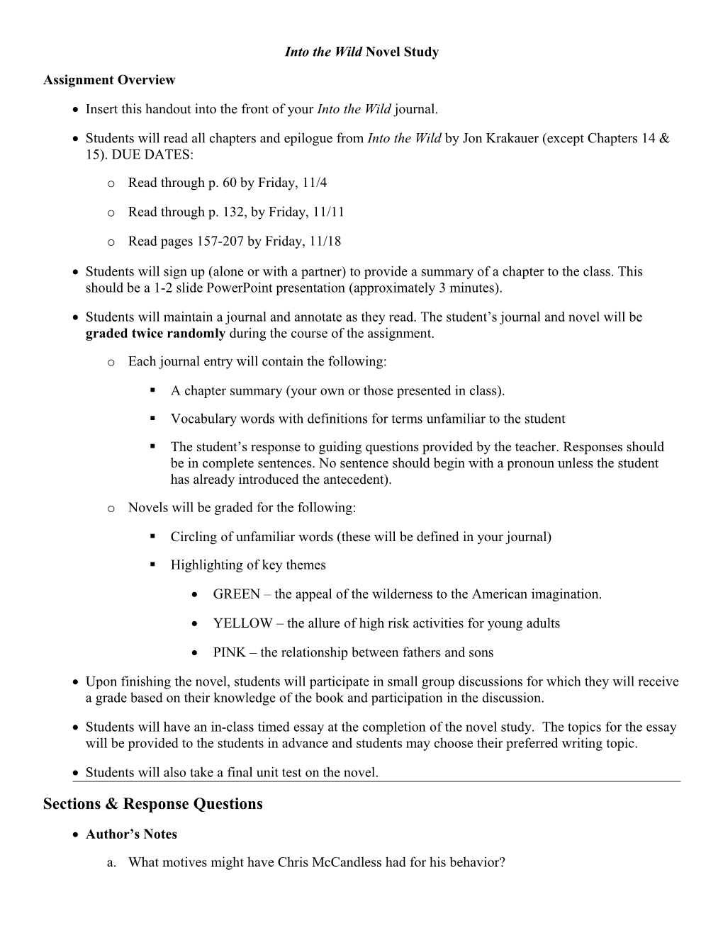 Into the Wild Novel Study